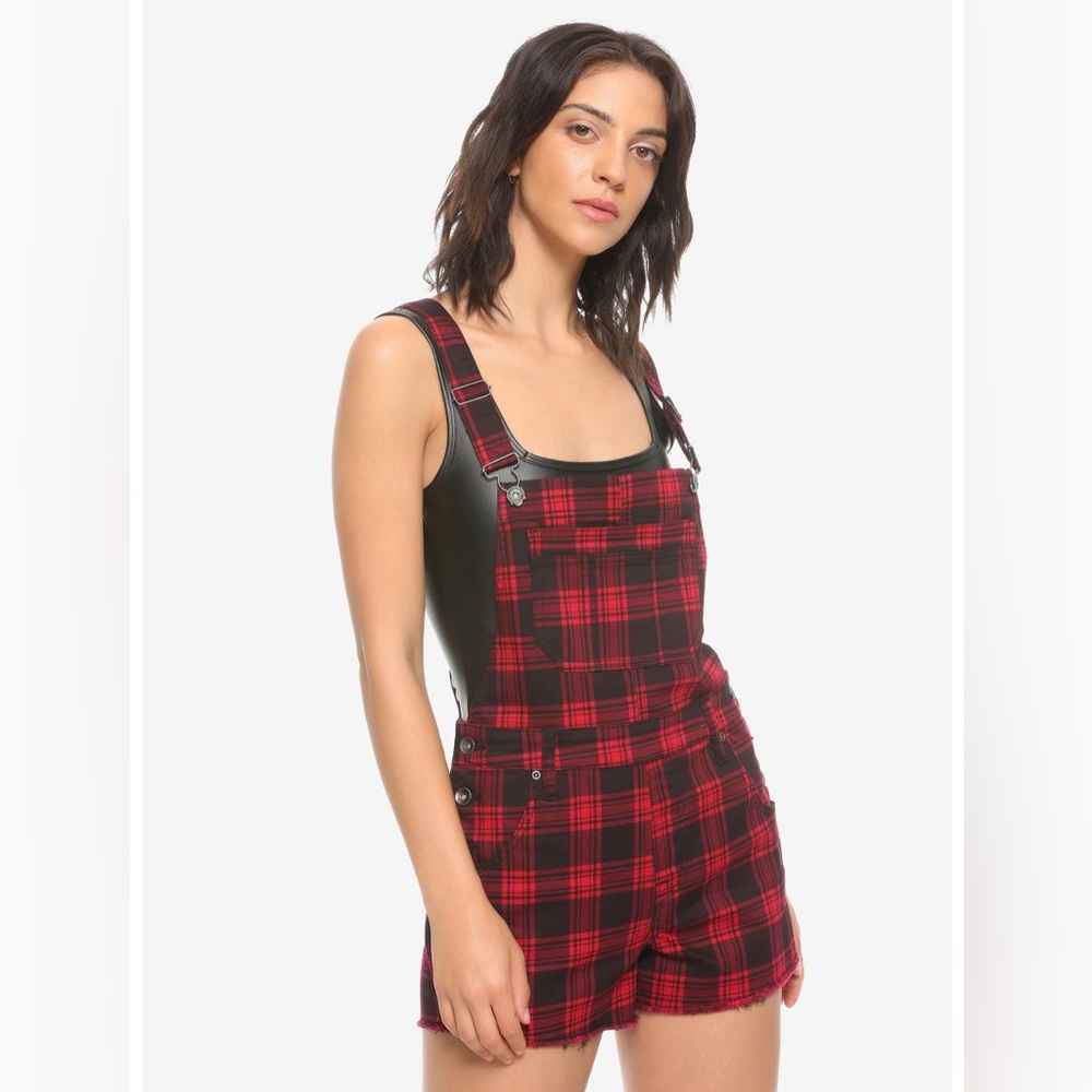 Red and black plaid overalls shortalls